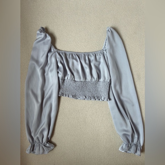 Periwinkle Silk Long Sleeve Square Neck Cropped Top - Picture 2 of 2